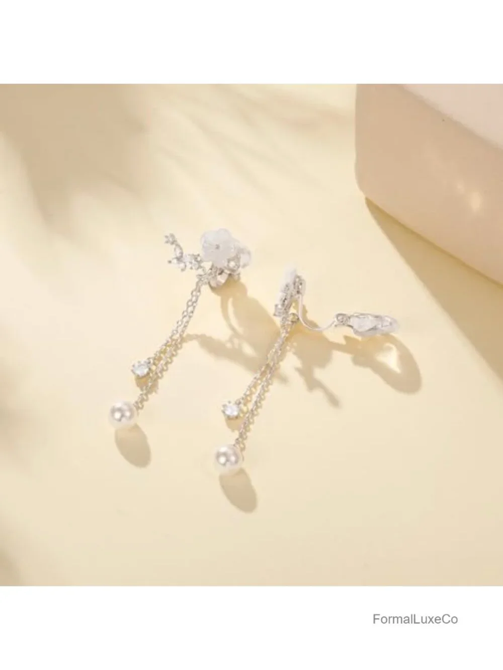 Clip On Dangle Pearl Drop Earrings - 14K Gold Plated, Dainty Flower, Bridal
